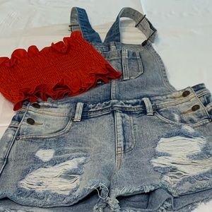 Red crop + overalls outfit